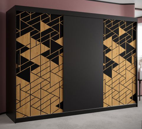 Grande armoire avec trois portes Finsteraarhorn 06, Couleur : Noir mat - Dimensions : 200 x 250 x 62 cm (h x l x p), avec 10 compartiments et deux tringles à vêtements