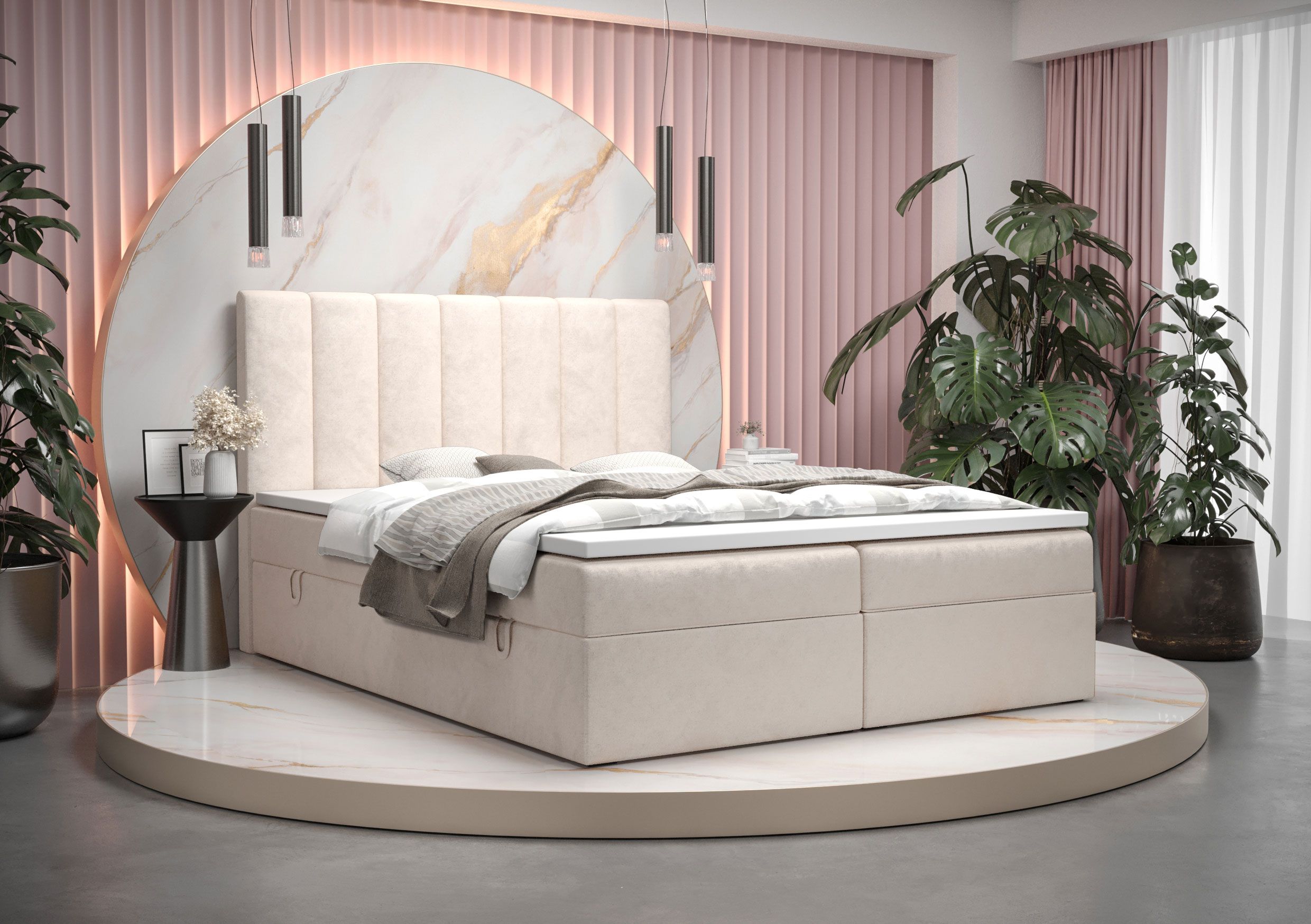 Grand lit boxspring avec suffisamment d'espace de rangement Pirin 11, couleur : beige - couchage : 180 x 200 cm (l x L)