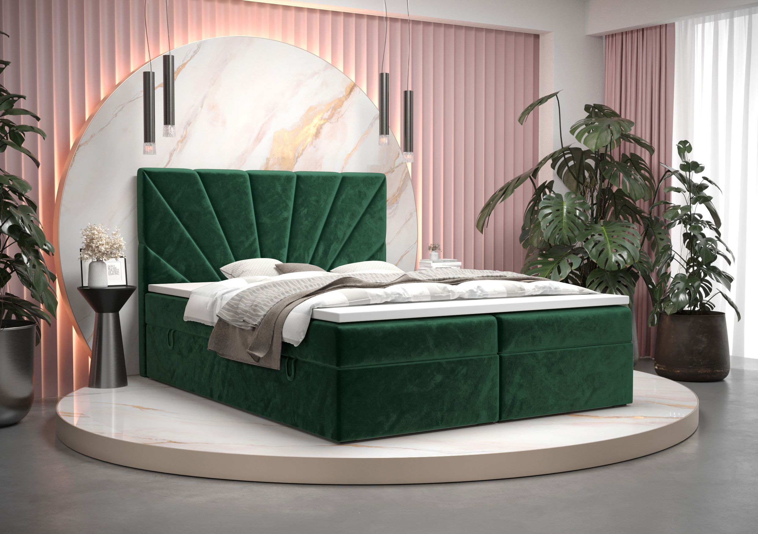 Grand lit double avec tissu velours doux Pirin 28, couleur : vert - couchage : 180 x 200 cm (l x L)
