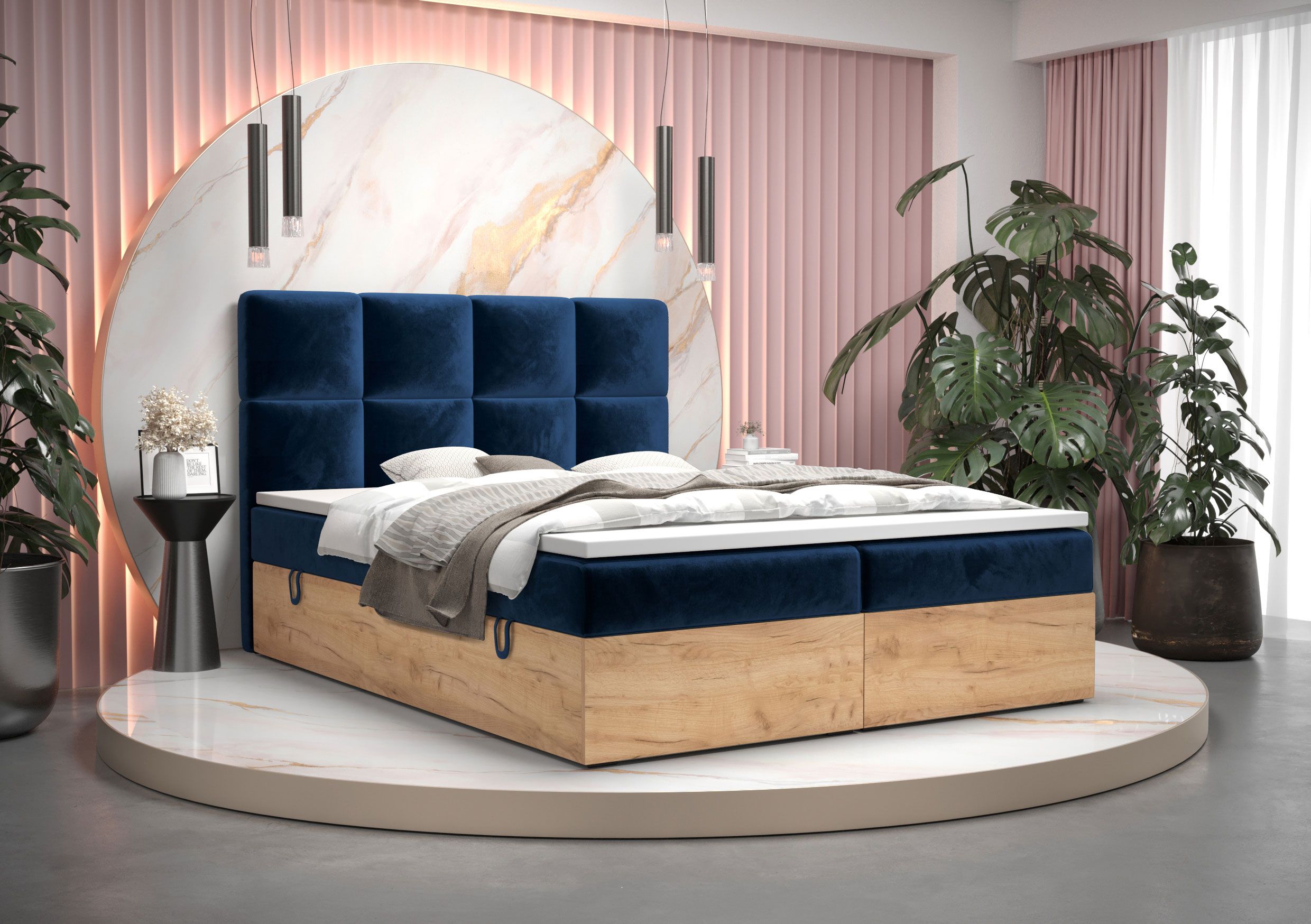 Elégant lit double avec espace de rangement Pilio 60, Couleur : Bleu / Chêne Golden Craft - Surface de couchage : 180 x 200 cm (l x L)
