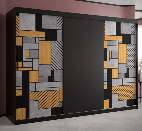 Grande armoire avec trois portes Aletschhorn 06, Couleur : Noir mat - Dimensions : 200 x 250 x 62 cm (h x l x p), avec 10 compartiments et deux tringles à vêtements