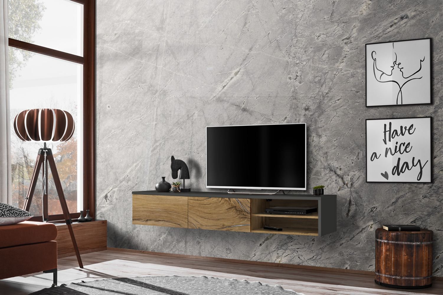 Meuble TV à trois compartiments Bjordal 16, couleur : chêne Flagstaff / anthracite - dimensions : 30 x 180 x 40 cm (h x l x p), avec fonction push-to-open