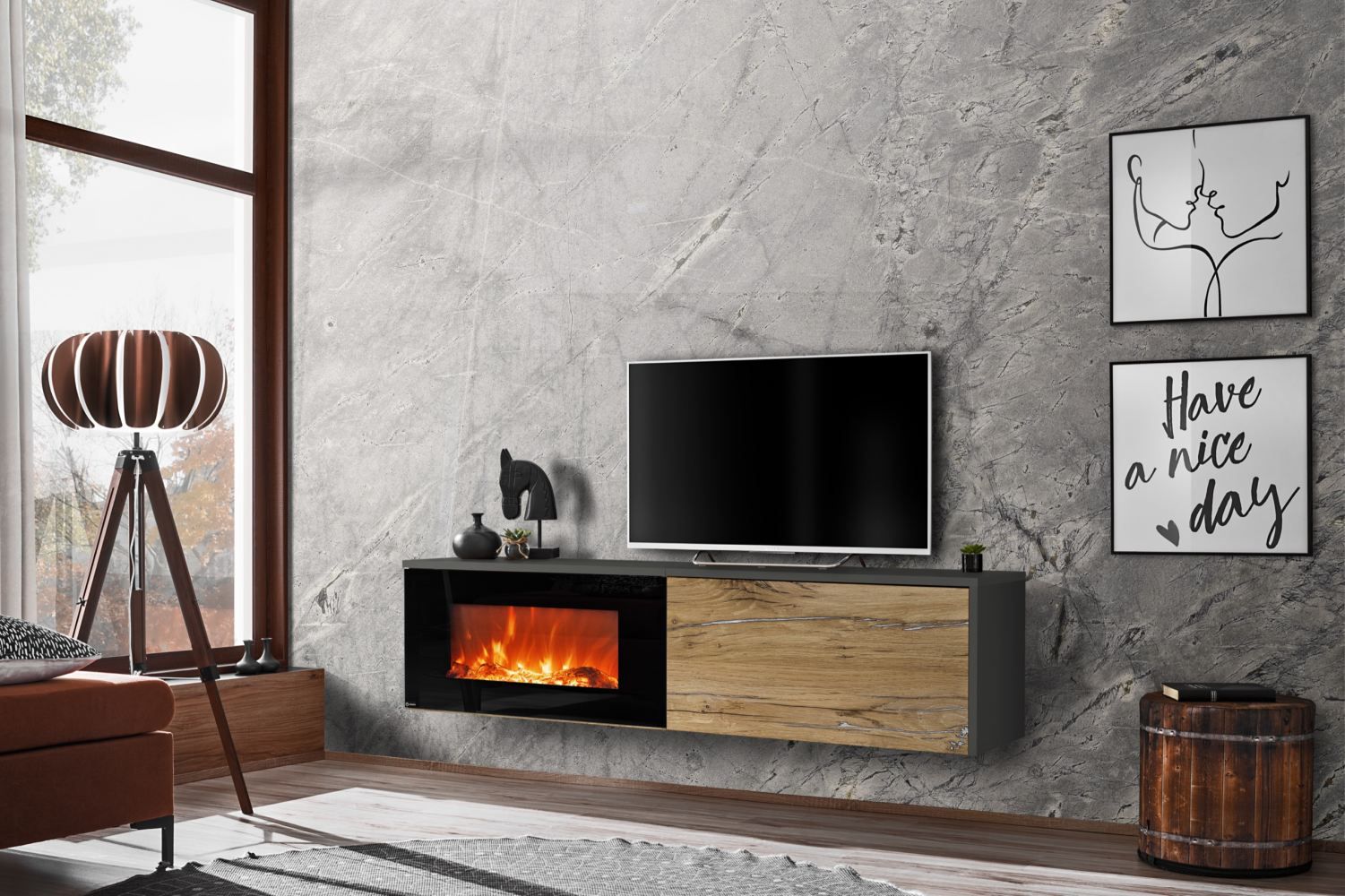 Meuble TV de style moderne Bjordal 20, Couleur : Chêne Flagstaff / Anthracite - Dimensions : 45 x 180 x 40 cm (H x L x P), avec cheminée électrique