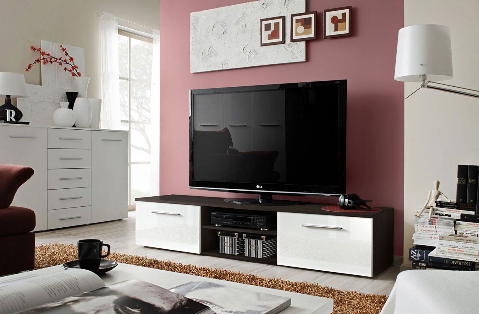Meuble TV Salmeli 26, couleur : blanc / noir - dimensions : 35 x 180 x 45 cm (h x l x p), avec quatre compartiments