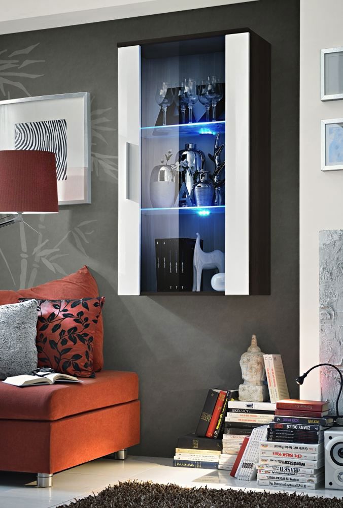 Vitrine suspendue moderne à trois compartiments Salmeli 20, couleur : blanc / noir - dimensions : 110 x 60 x 29 cm (h x l x p), avec éclairage LED