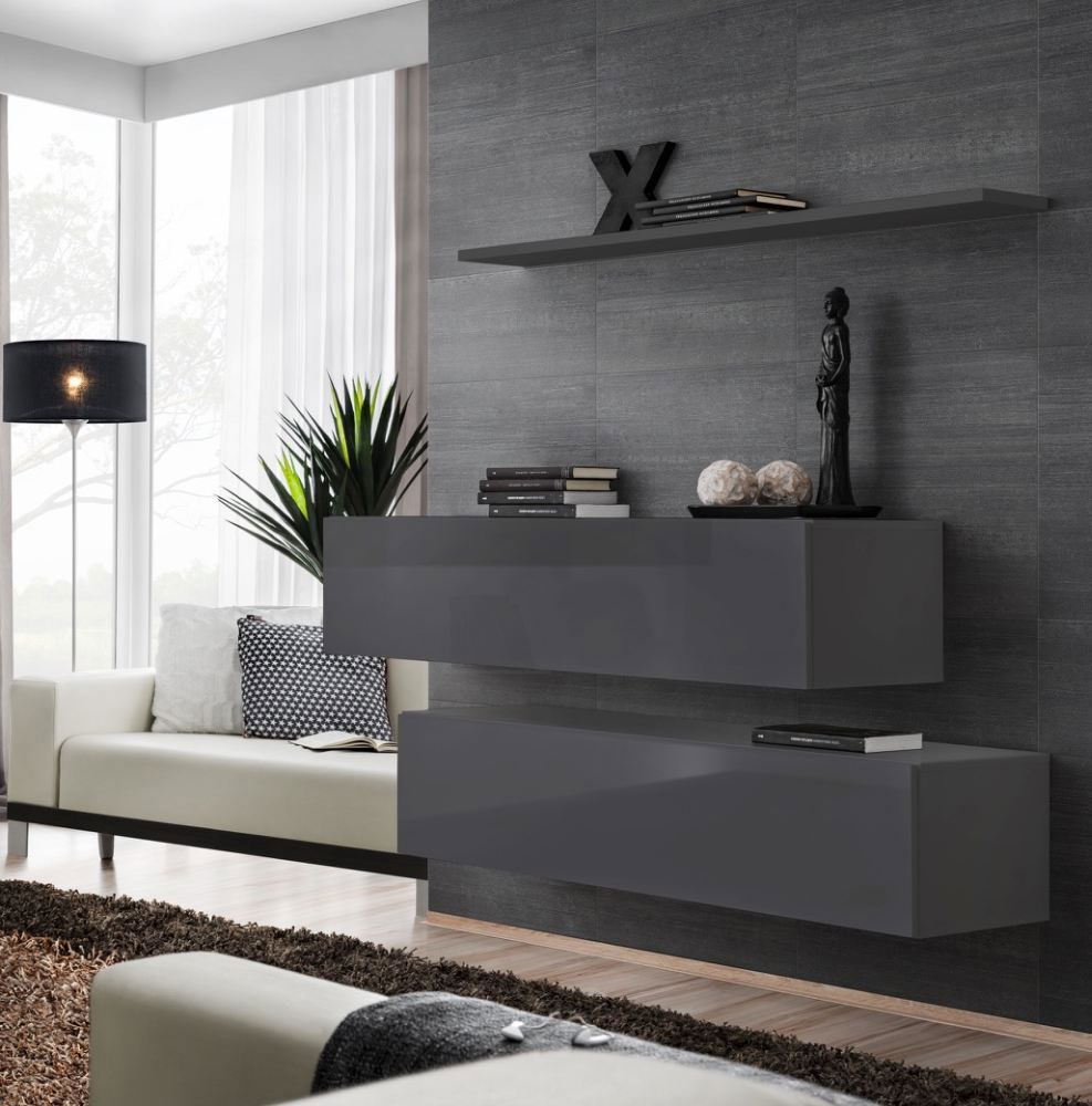 Deux meubles bas TV sobres Balestrand 339, couleur : gris - dimensions : 110 x 130 x 30 cm (h x l x p), avec étagère murale