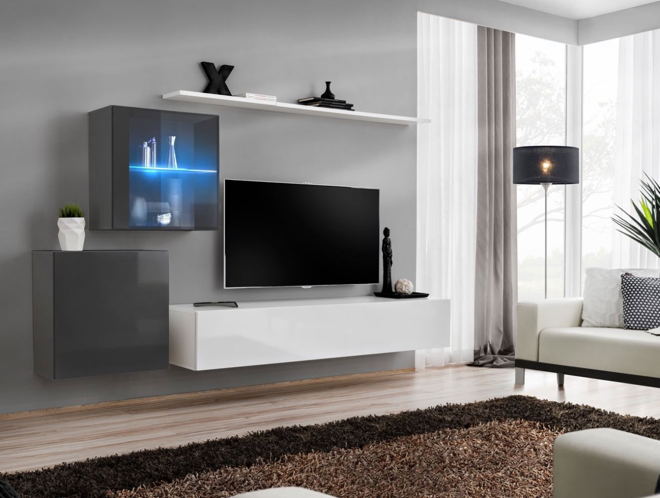 Exceptionnel meuble-paroi Balestrand 232, couleur : gris / blanc - dimensions : 150 x 250 x 40 cm (H x L x P), avec suffisamment d'espace de rangement