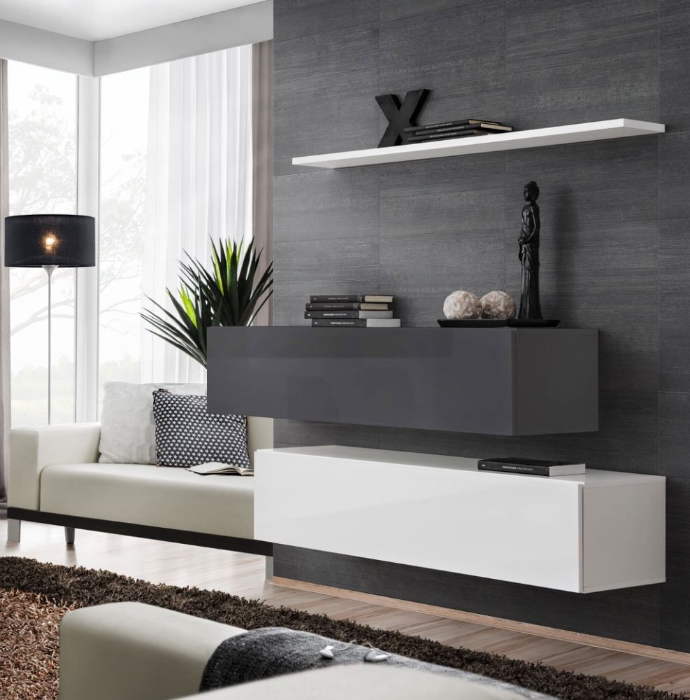 Deux élégants meubles TV bas avec étagère murale Balestrand 345, couleur : blanc / gris - dimensions : 110 x 130 x 30 cm (h x l x p), avec fonction push-to-open
