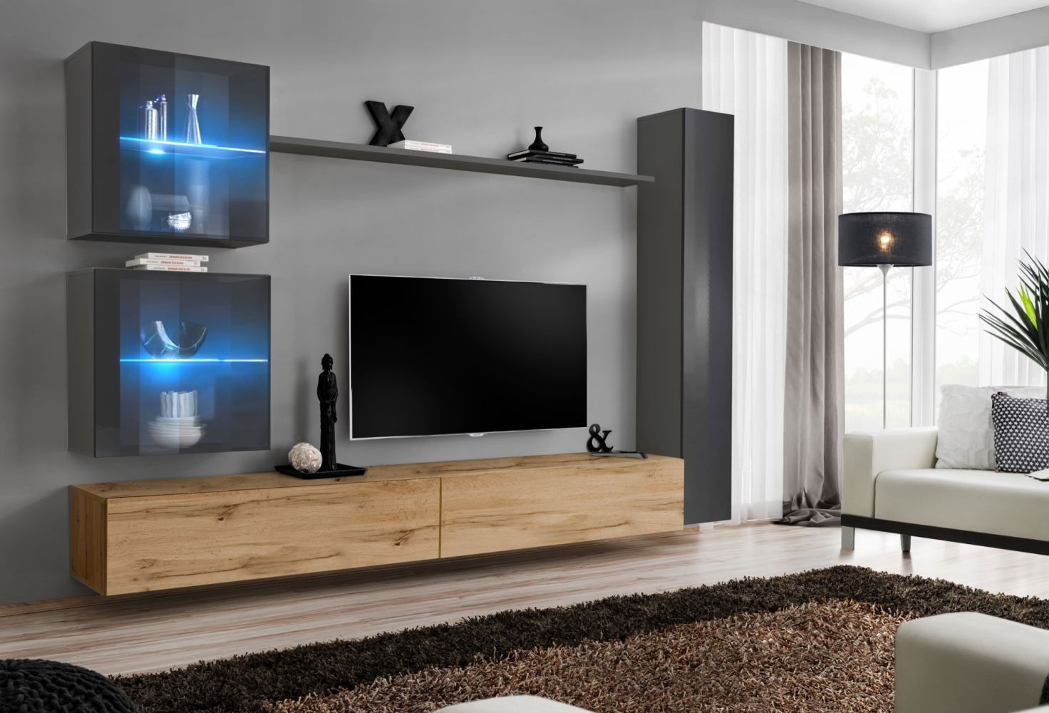 Meuble-paroi avec deux éléments TV Balestrand 288, couleur : gris / chêne Wotan - dimensions : 180 x 280 x 40 cm (h x l x p), avec fonction push-to-open