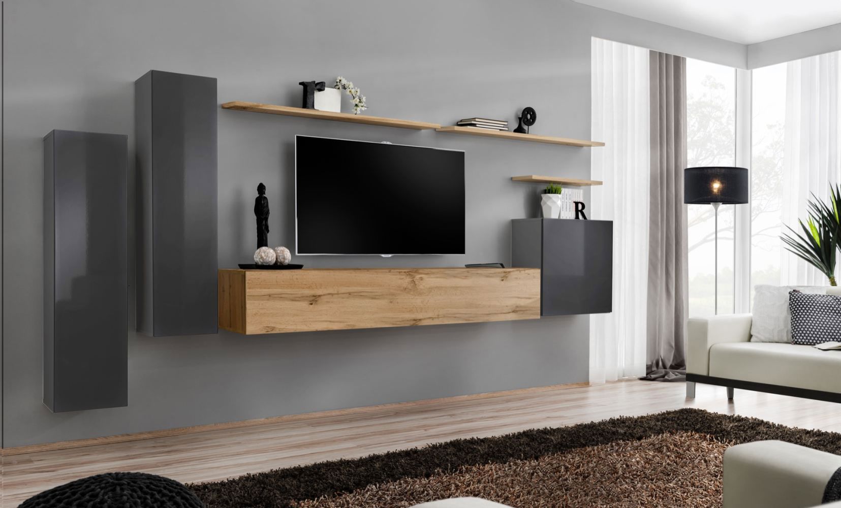 Elégant meuble-paroi Balestrand 16, couleur : gris / chêne Wotan - dimensions : 160 x 330 x 40 cm (h x l x p), avec 11 compartiments
