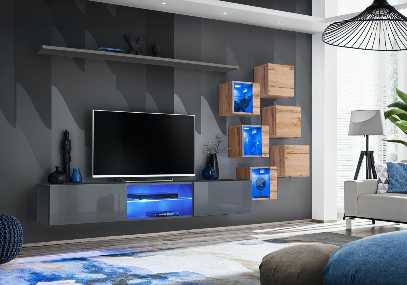 Elégant meuble-paroi Volleberg 16, couleur : gris / chêne Wotan - dimensions : 140 x 260 x 40 cm (h x l x p), avec éclairage LED bleu