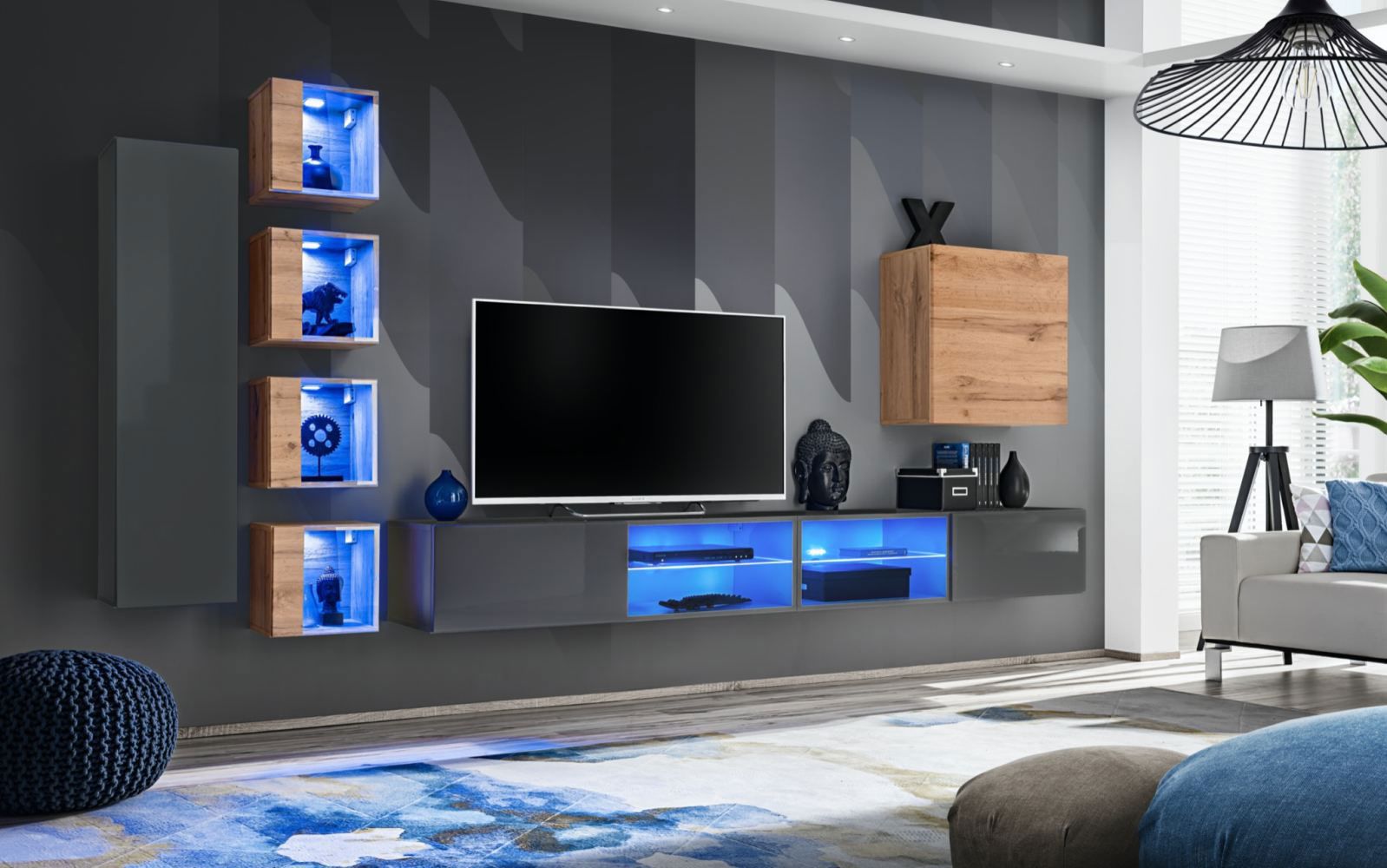 Exceptionnel meuble-paroi Volleberg 96, couleur : gris / chêne Wotan - dimensions : 150 x 280 x 40 cm (h x l x p), avec suffisamment d'espace de rangement
