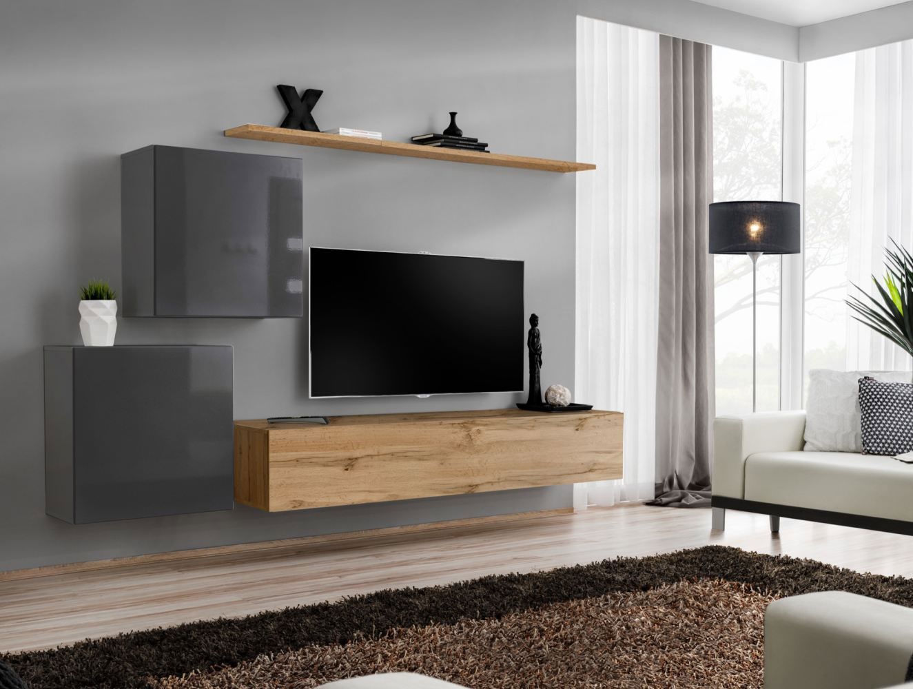 Elégant meuble-paroi Balestrand 80, couleur : gris / chêne wotan - dimensions : 150 x 250 x 40 cm (h x l x p), avec trois portes