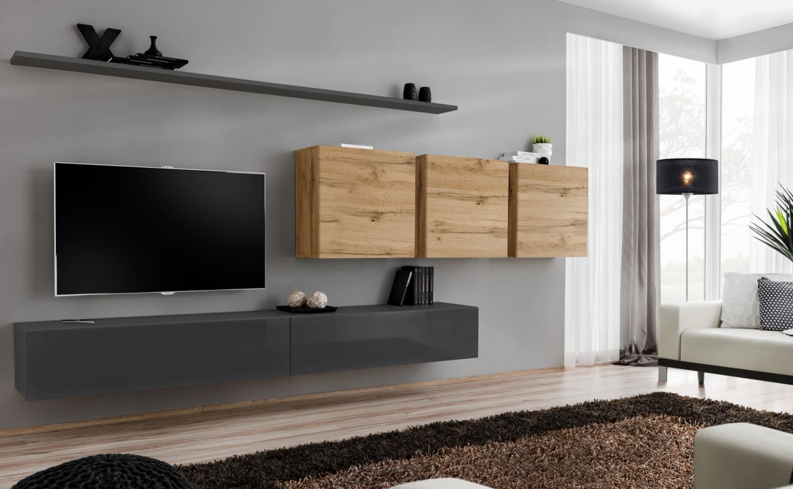Elégant meuble-paroi Balestrand 112, couleur : gris / chêne wotan - dimensions : 150 x 340 x 40 cm (h x l x p), avec cinq portes