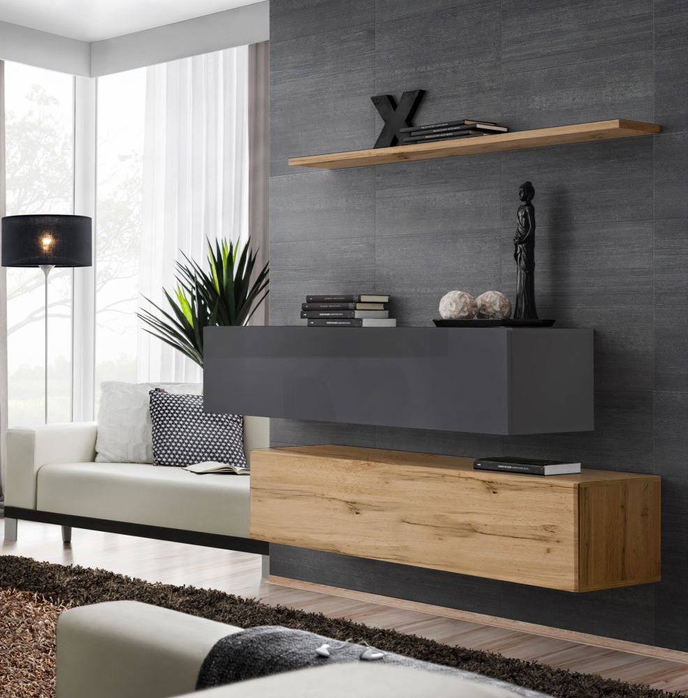 Deux élégants meubles bas TV Balestrand 353, couleur : chêne wotan / gris - dimensions : 110 x 130 x 30 cm (h x l x p), avec étagère murale