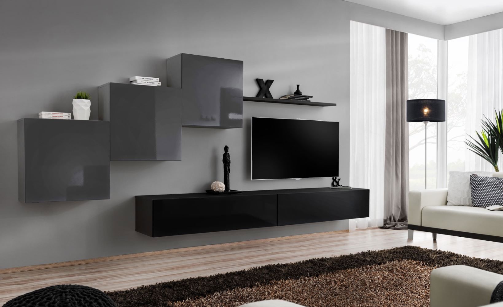 Meuble-paroi au design moderne Balestrand 153, couleur : gris / noir - dimensions : 150 x 330 x 40 cm (h x l x p), avec cinq portes