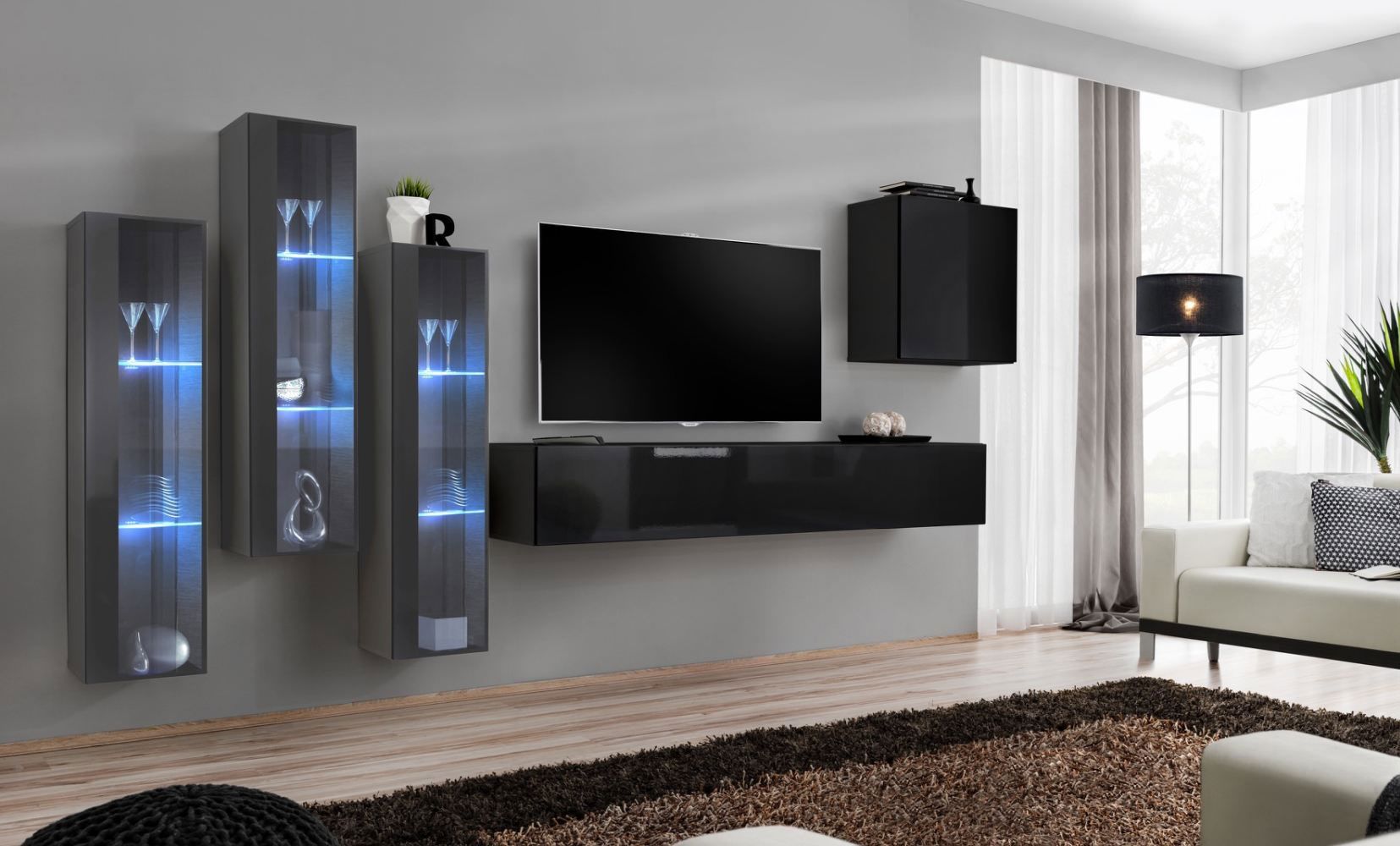 Exceptionnel meuble-paroi Balestrand 201, couleur : gris / noir - dimensions : 160 x 330 x 40 cm (h x l x p), avec cinq portes