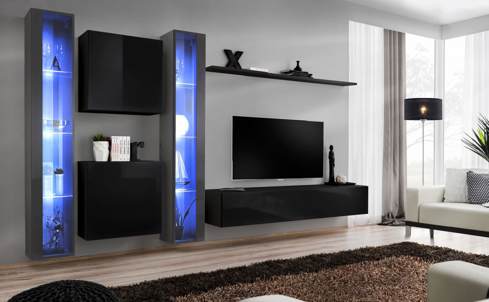 Elégant meuble-paroi Balestrand 249, couleur : gris / noir - dimensions : 180 x 330 x 40 cm (h x l x p), avec fonction push-to-open