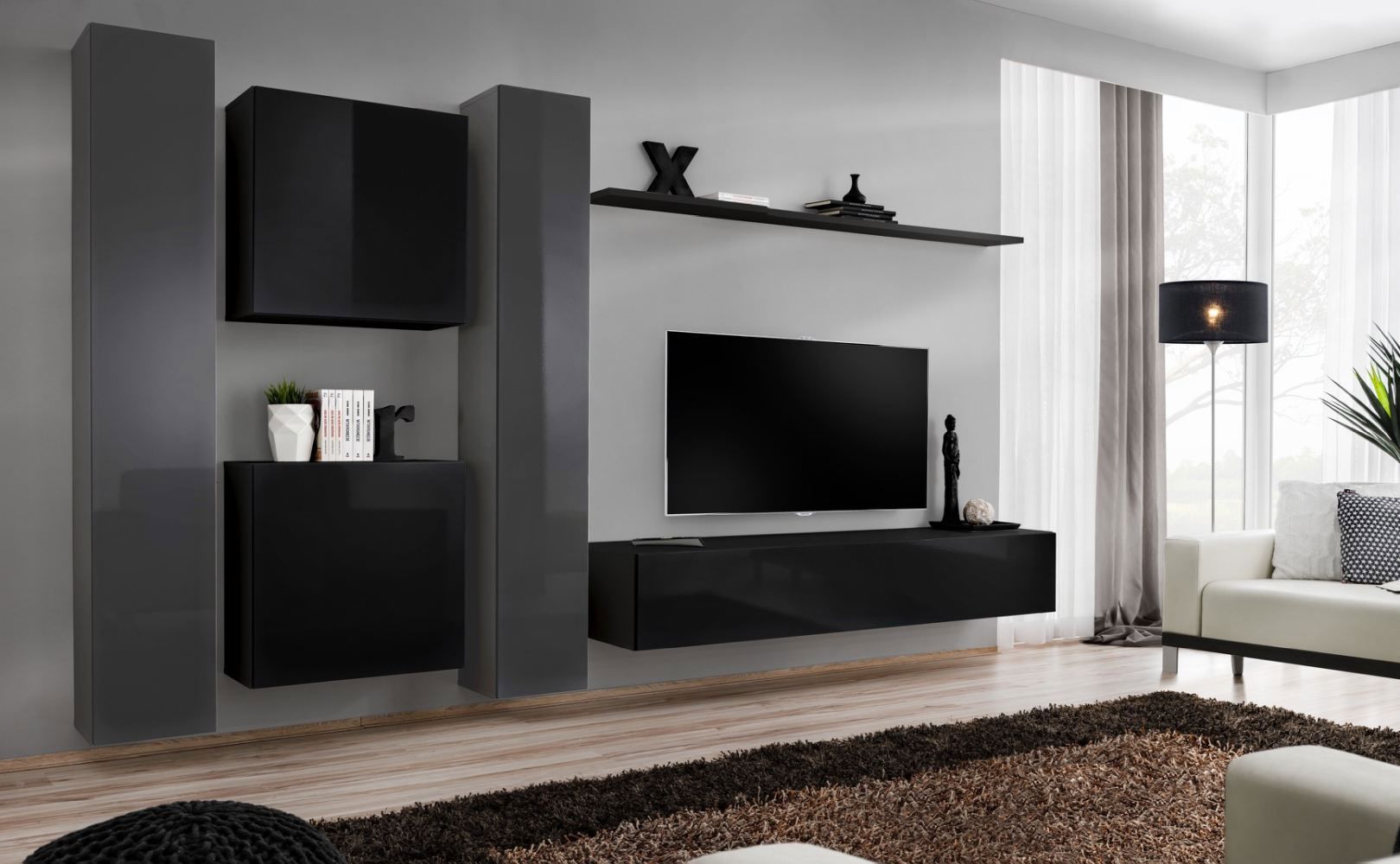 Exceptionnel meuble-paroi Balestrand 89, couleur : gris / noir - dimensions : 180 x 330 x 40 cm (h x l x p), avec 12 compartiments