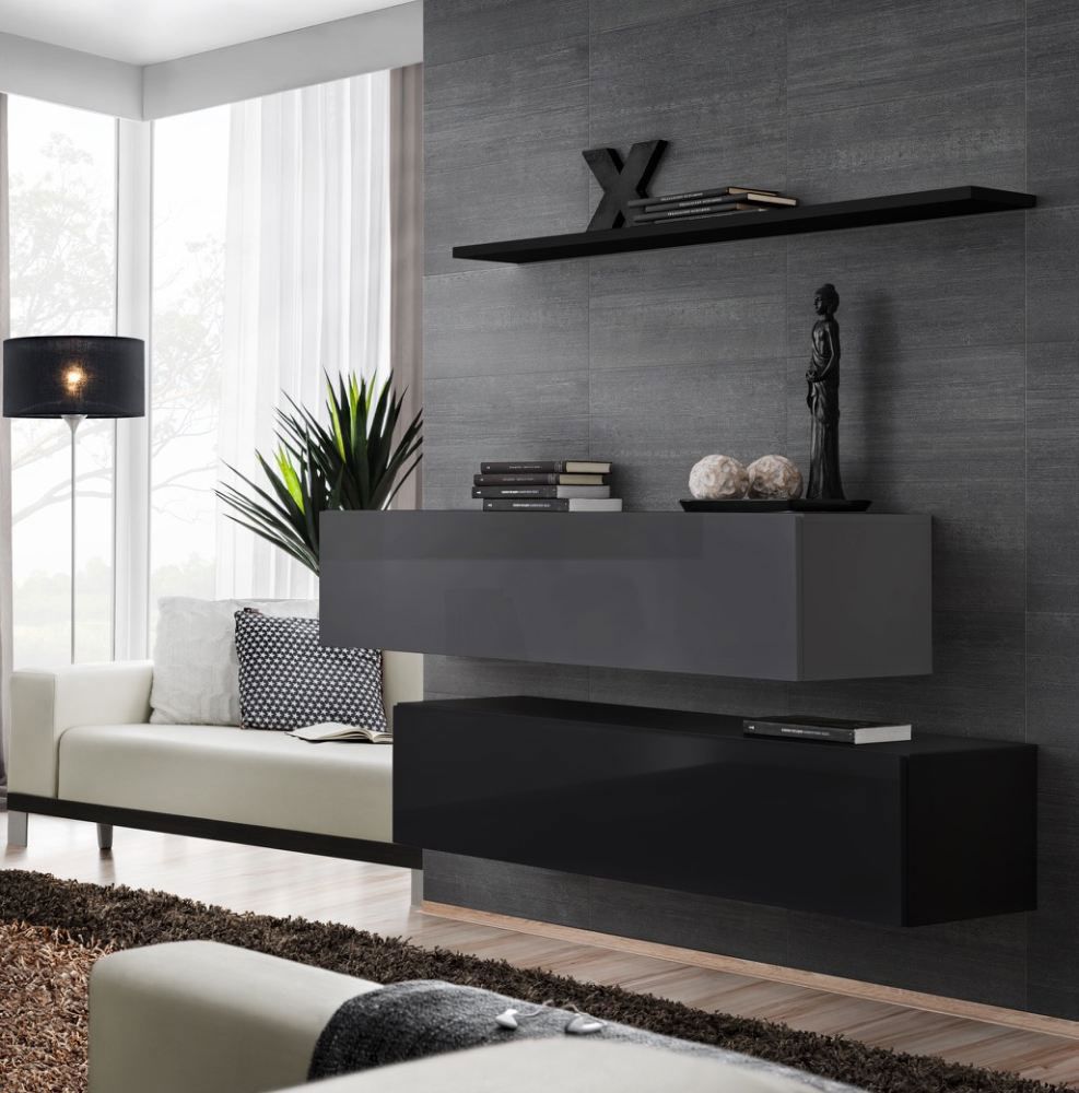 Lot de 2 élégants meubles TV bas avec étagère murale Balestrand 346, couleur : noir / gris - dimensions : 110 x 130 x 30 cm (h x l x p), avec quatre compartiments