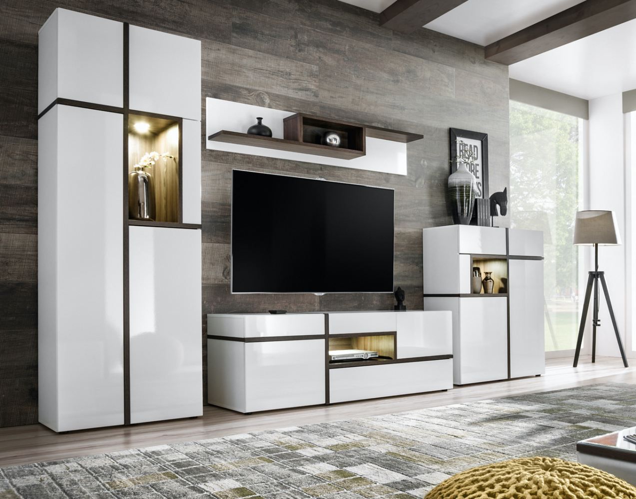 Elégant meuble-paroi Stura 01, couleur : blanc brillant / gris - dimensions : 195 x 330 x 50 cm (h x l x p), avec sept portes