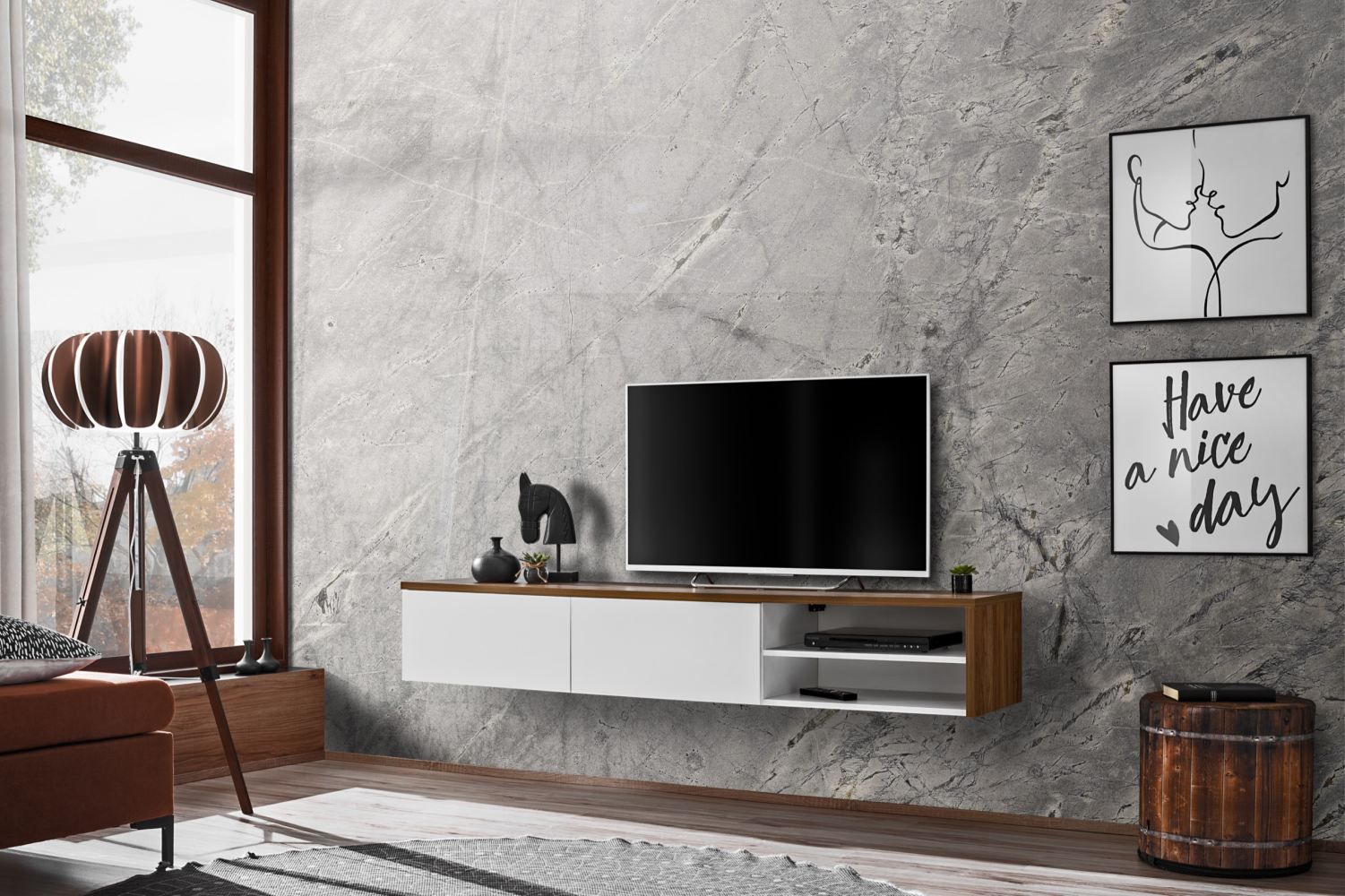 Meuble TV moderne Bjordal 15, couleur : blanc mat / chêne sterling - dimensions : 30 x 180 x 40 cm (H x L x P), avec quatre compartiments