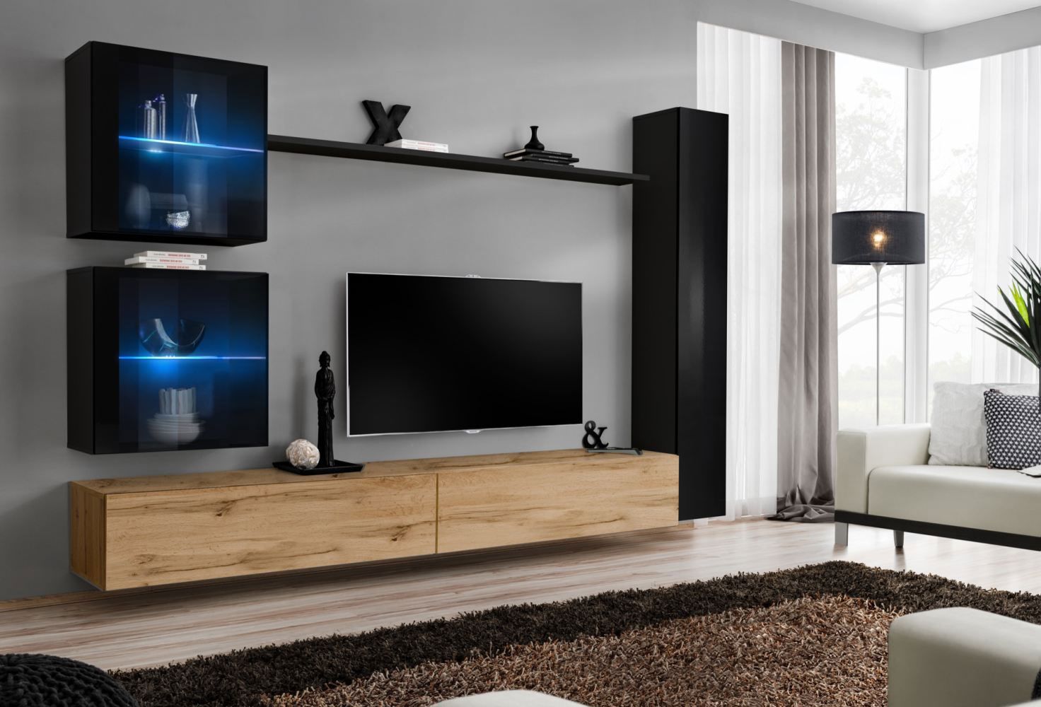 Elégant meuble-paroi Balestrand 286, couleur : noir / chêne Wotan - dimensions : 180 x 280 x 40 cm (h x l x p), avec 10 compartiments