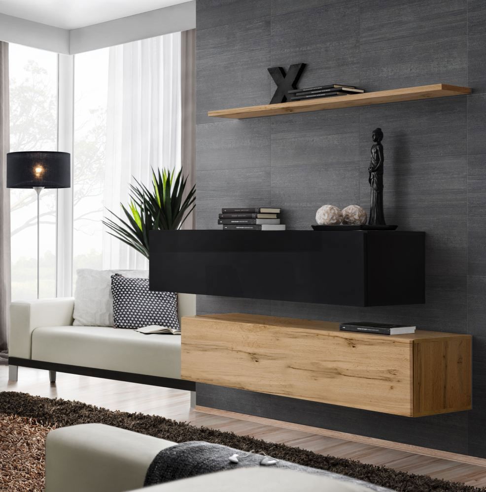 Deux meubles TV bas stylés Balestrand 351, couleur : chêne wotan / noir - dimensions : 110 x 130 x 30 cm (h x l x p), avec étagère murale