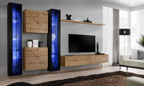 Elégant meuble-paroi Kongsvinger 98, Couleur : Chêne Wotan / Noir brillant - Dimensions : 180 x 330 x 40 cm (H x L x P), avec éclairage LED