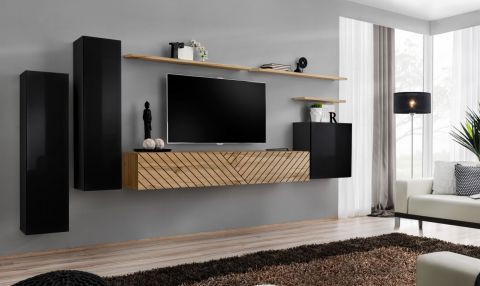 Exceptionnel meuble-paroi Kongsvinger 10, couleur : noir brillant / chêne Wotan - Dimensions : 160 x 330 x 40 cm (H x L x P)