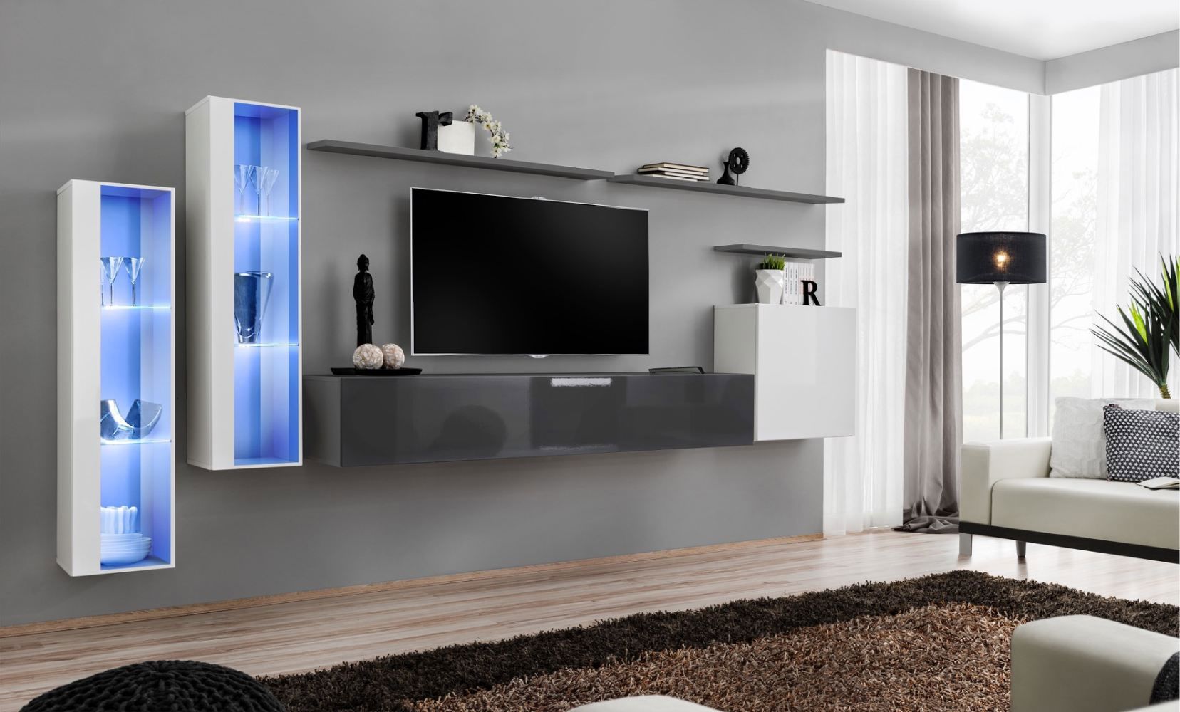 Elégant meuble-paroi Balerstrand 167, couleur : blanc / gris - dimensions : 160 x 330 x 40 cm (h x l x p), avec éclairage LED