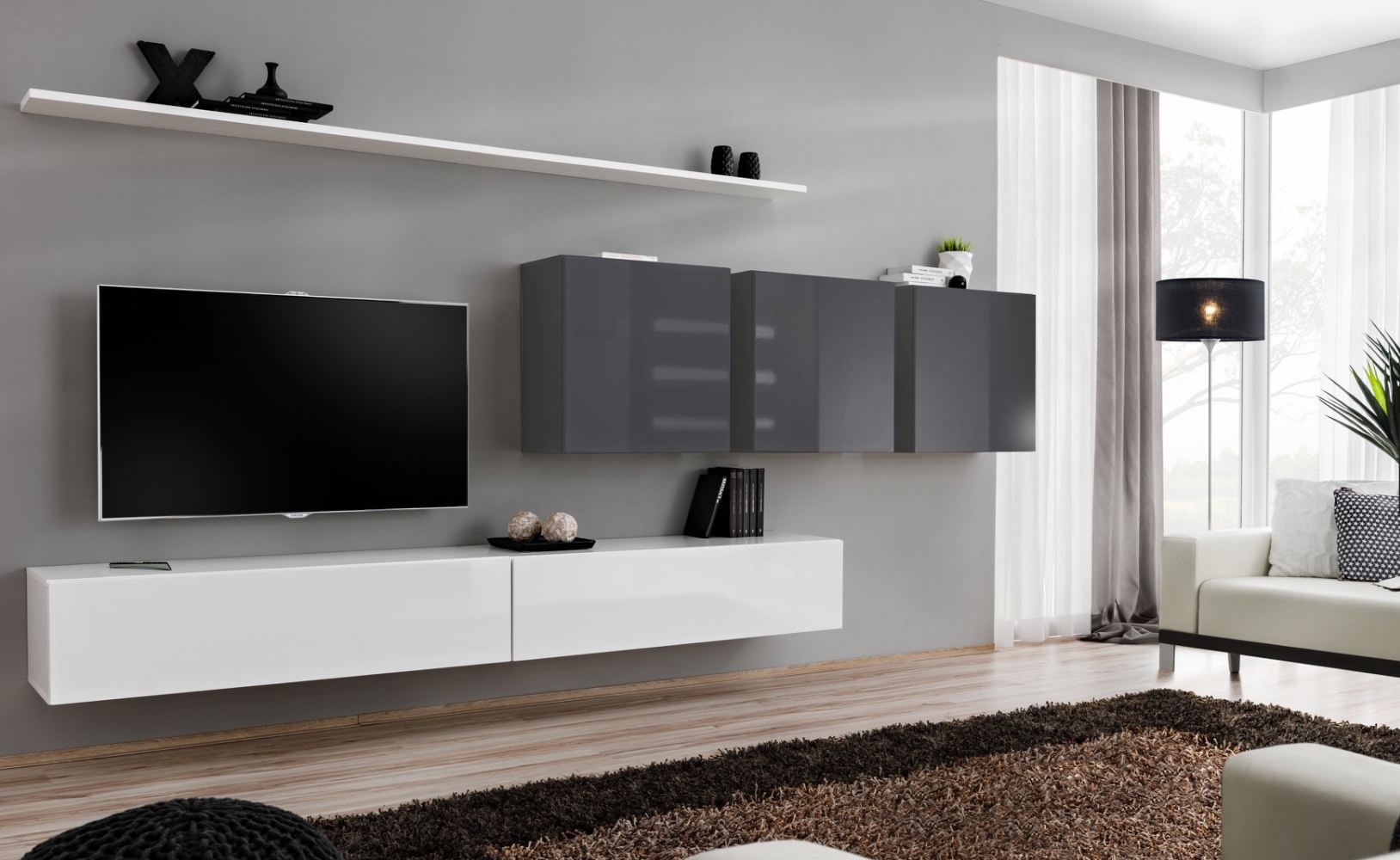 Exceptionnel meuble-paroi Balestrand 103, couleur : blanc / gris - dimensions : 150 x 340 x 40 cm (h x l x p), avec huit compartiments