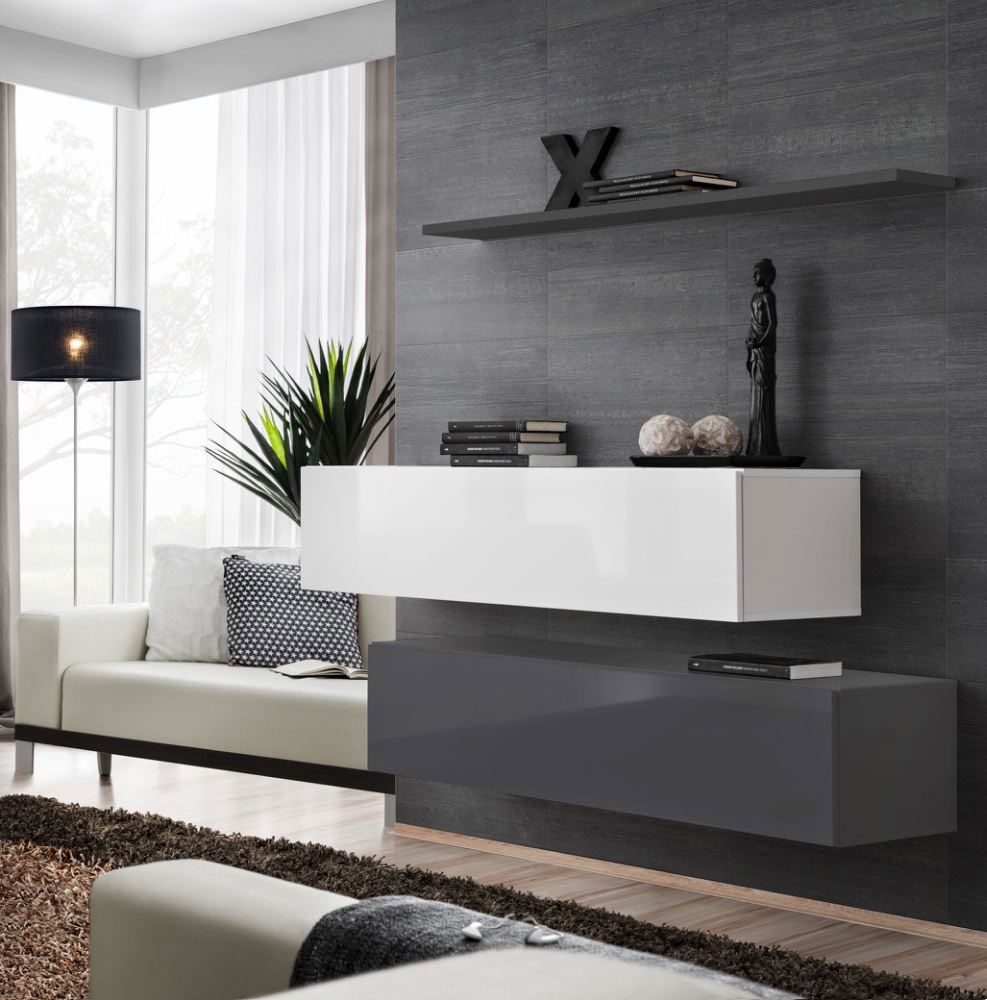 Lot de 2 élégants meubles bas TV Balestrand 344, couleur : gris / blanc - dimensions : 110 x 130 x 30 cm (h x l x p), avec quatre compartiments