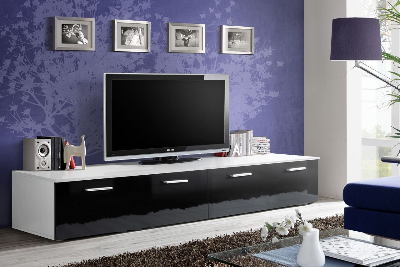 Meuble TV à quatre compartiments Bjordal 60, Couleur : Noir brillant / Blanc mat - Dimensions : 35 x 200 x 45 cm (H x L x P)