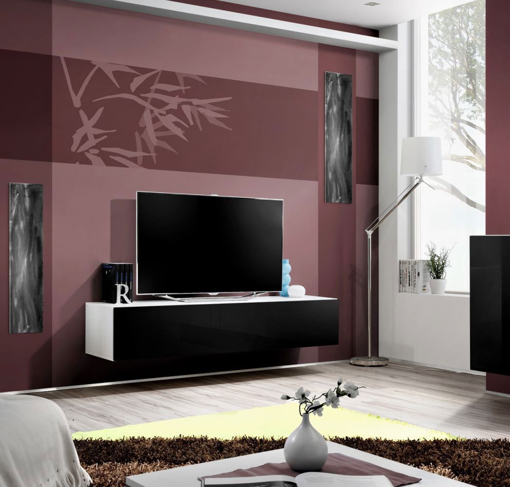 Armoire TV / Lowboard TV Raudberg 01, Couleur : Noir / Blanc - Dimensions : 30 x 160 x 40 cm (H x L x P), avec fonction push-to-open