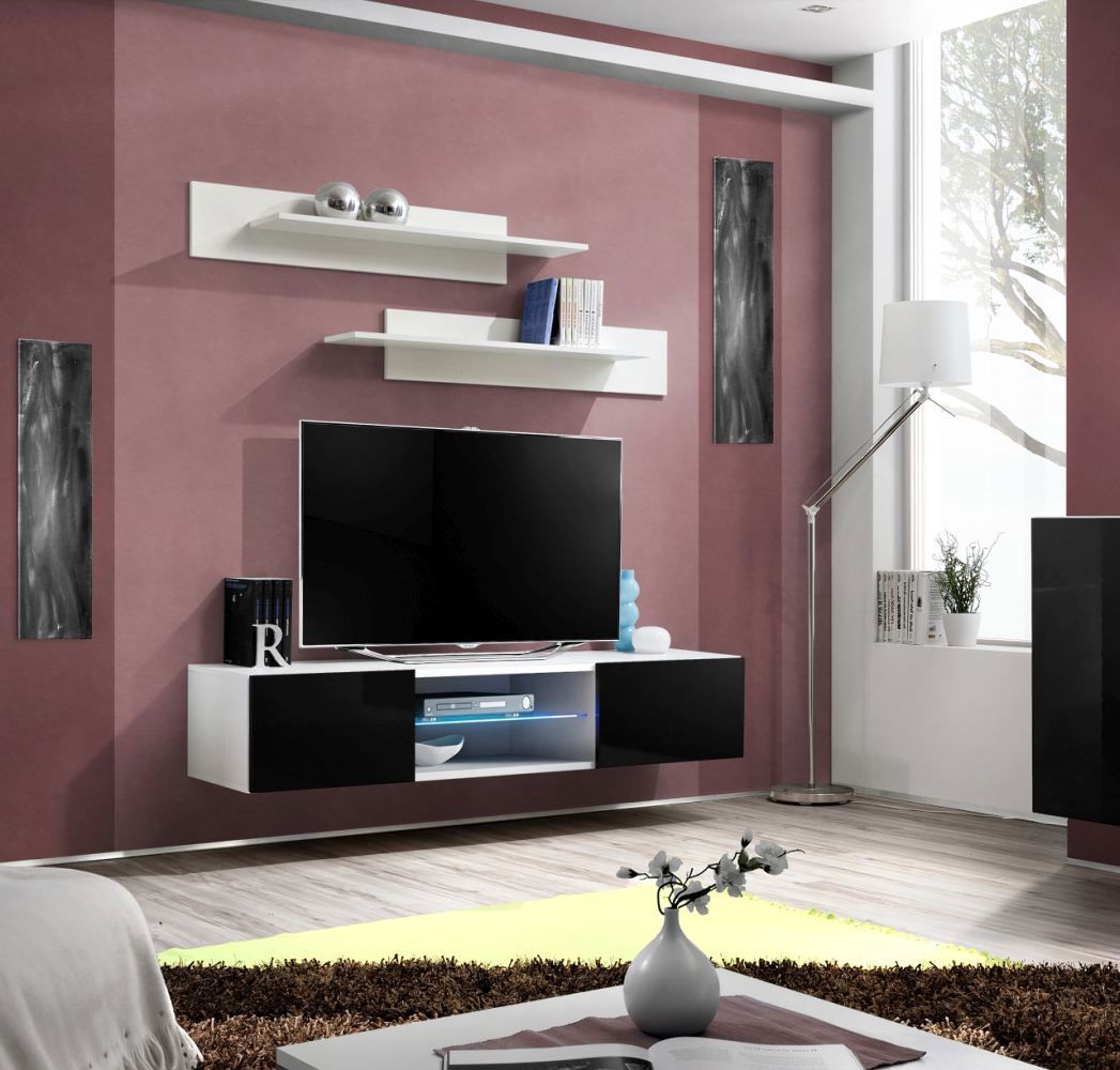Meuble TV Blanc, suspendu Raudberg 05, Couleur : Blanc - Dimensions : 30 x 160 x 40 cm (H x L x P), avec