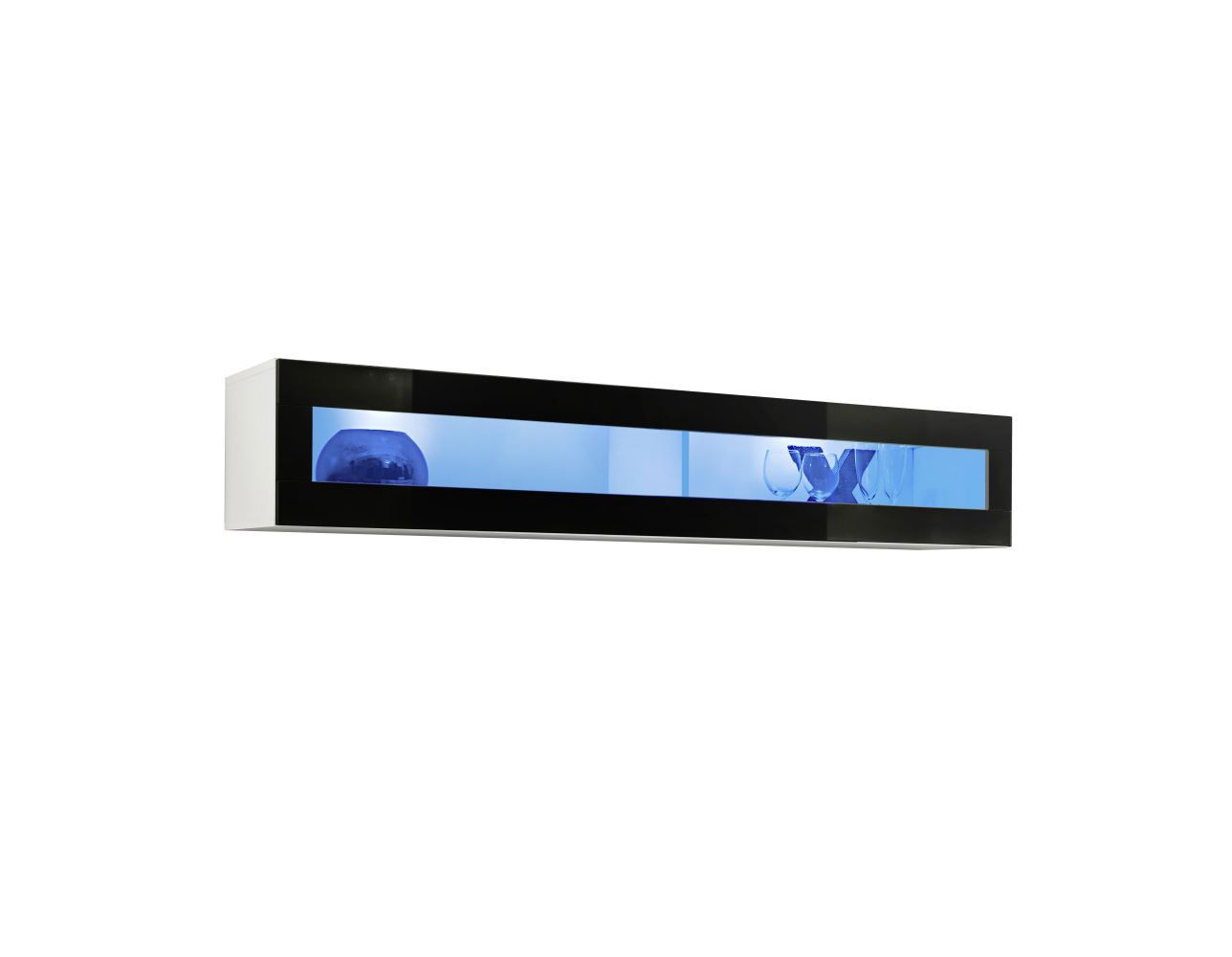 Vitrine suspendue avec deux compartiments Raudberg 38, Couleur : Blanc / Noir - Dimensions : 30 x 160 x 29 cm (h x l x p), avec éclairage LED bleu