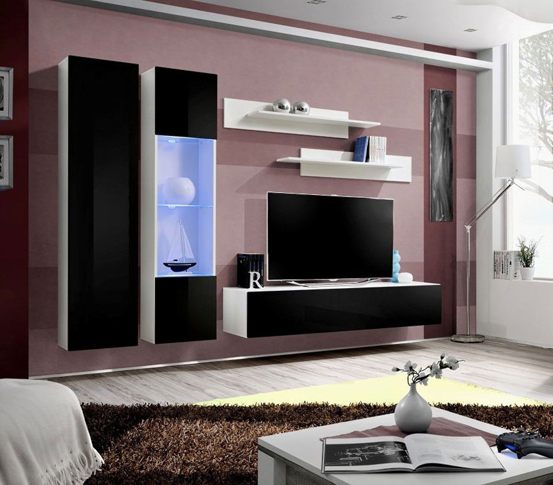 Elégant meuble-paroi Hompland 17, couleur : blanc / noir - dimensions : 170 x 260 x 40 cm (h x l x p), avec suffisamment d'espace de rangement