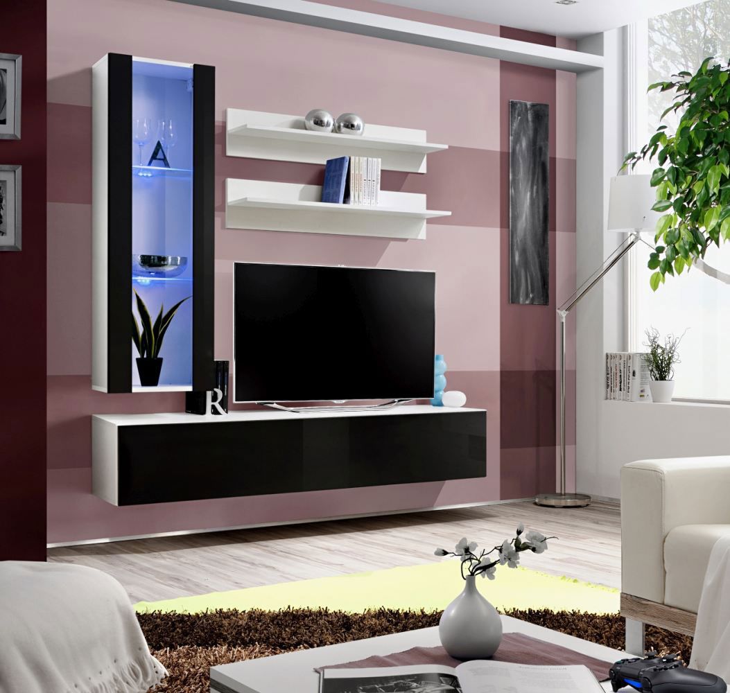 Petit meuble-paroi Hompland 77, couleur : blanc / noir - dimensions : 170 x 160 x 40 cm (h x l x p), avec fonction push-to-open
