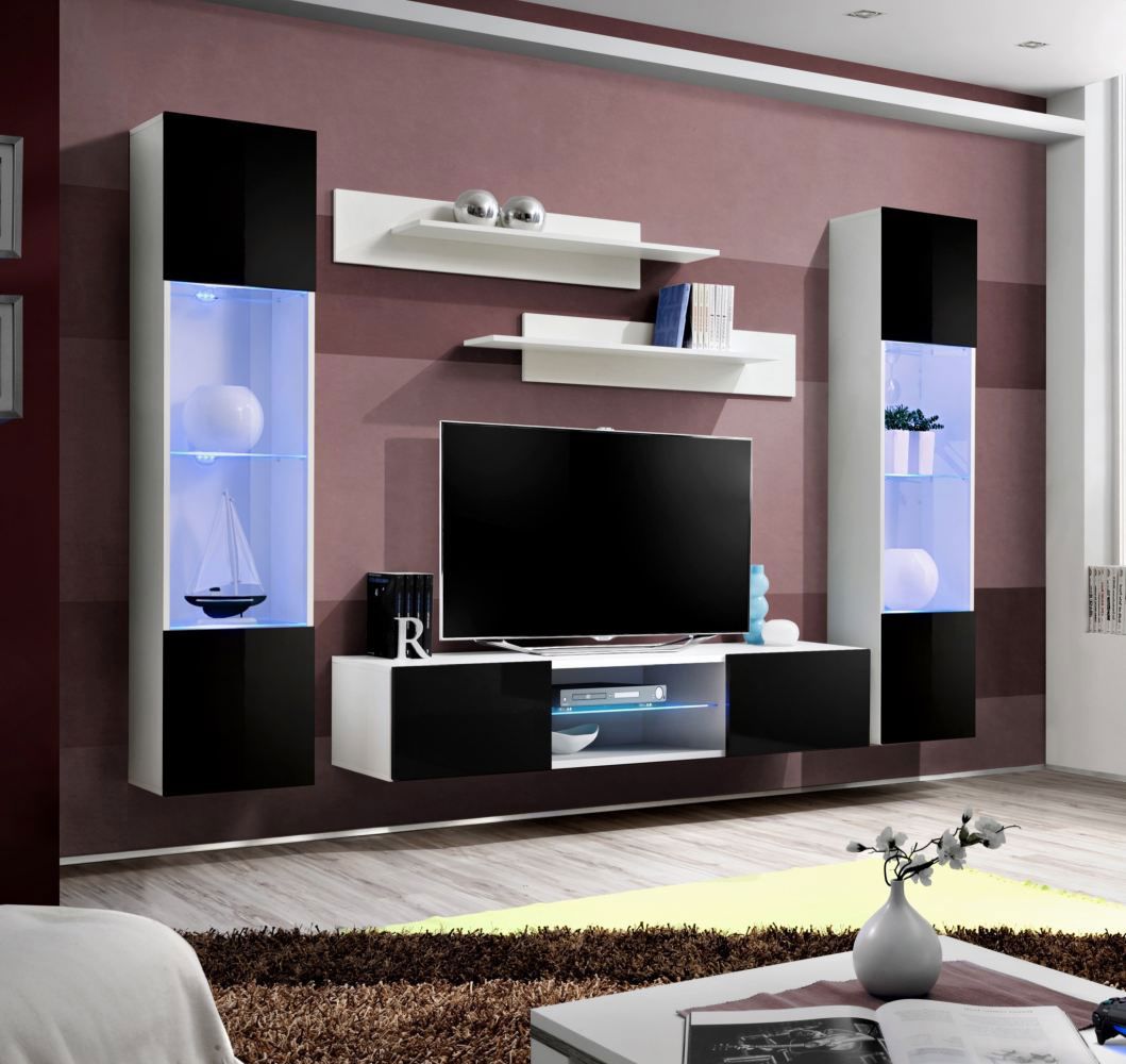 Elégant meuble-paroi Hompland 142, couleur : noir / blanc - dimensions : 170 x 260 x 40 cm (h x l x p), avec fonction push-to-open