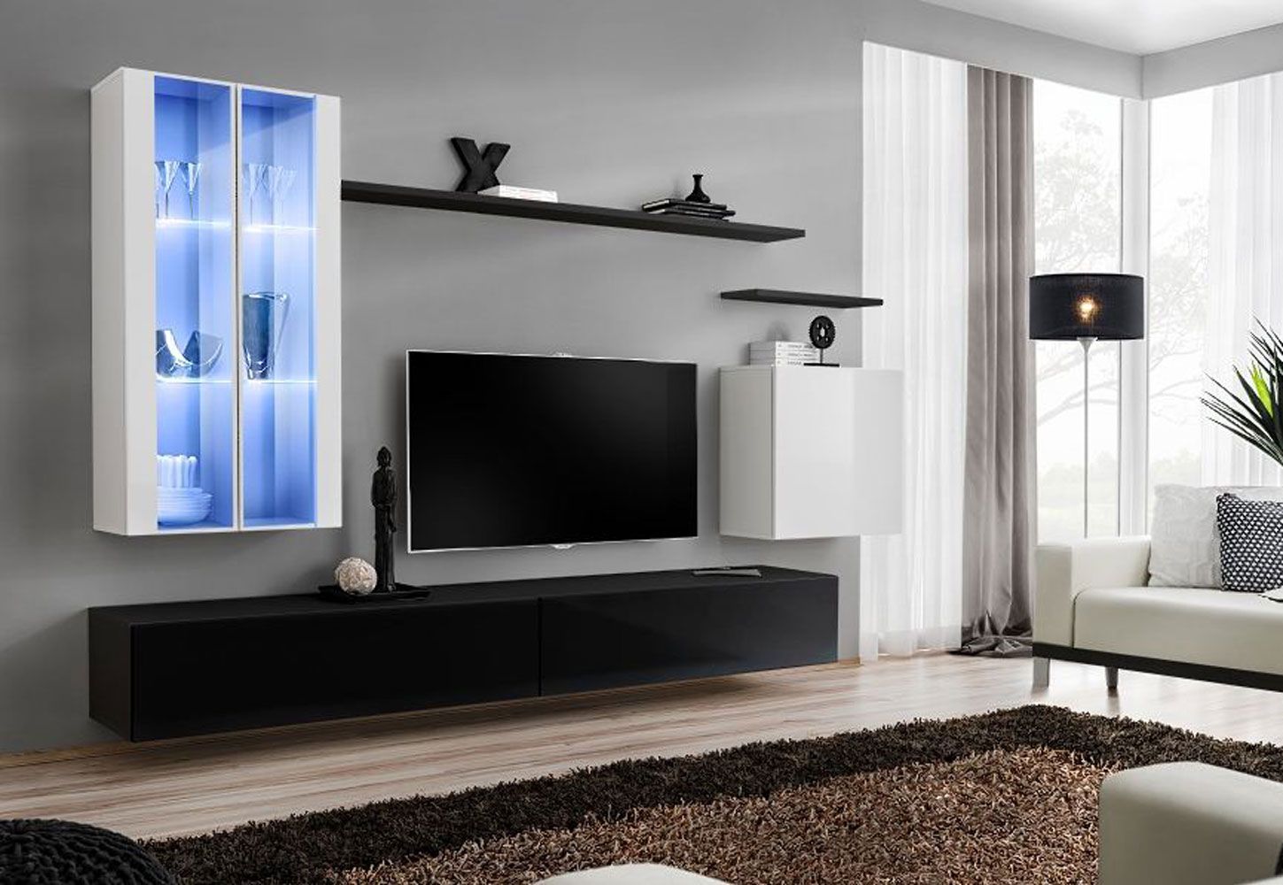 Elégant meuble-paroi Balestrand 181, couleur : blanc / noir - dimensions : 160 x 270 x 40 cm (h x l x p), avec cinq portes et 10 compartiments