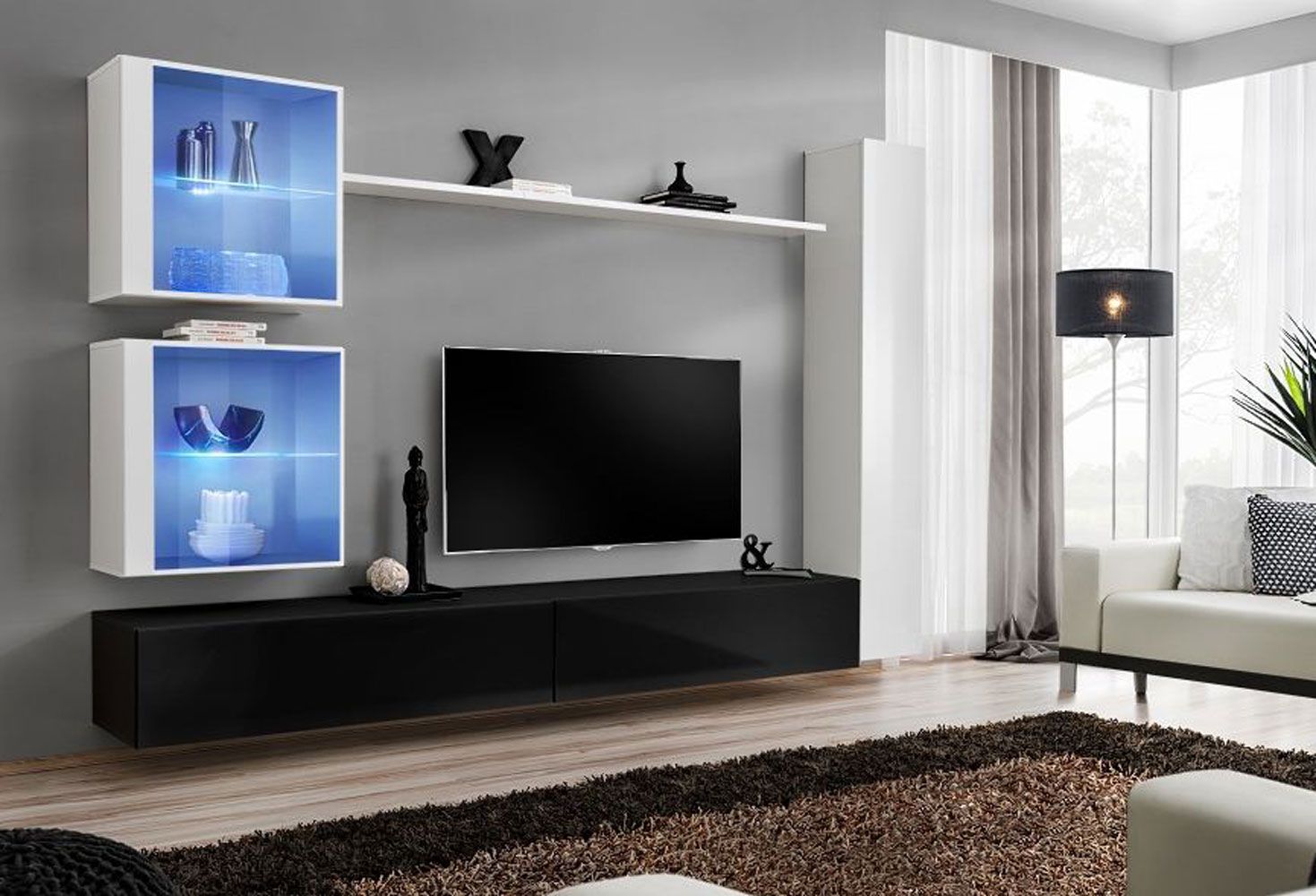 Elégant meuble-paroi Balestrand 277, couleur : blanc / noir - dimensions : 180 x 280 x 40 cm (h x l x p), avec fonction push-to-open