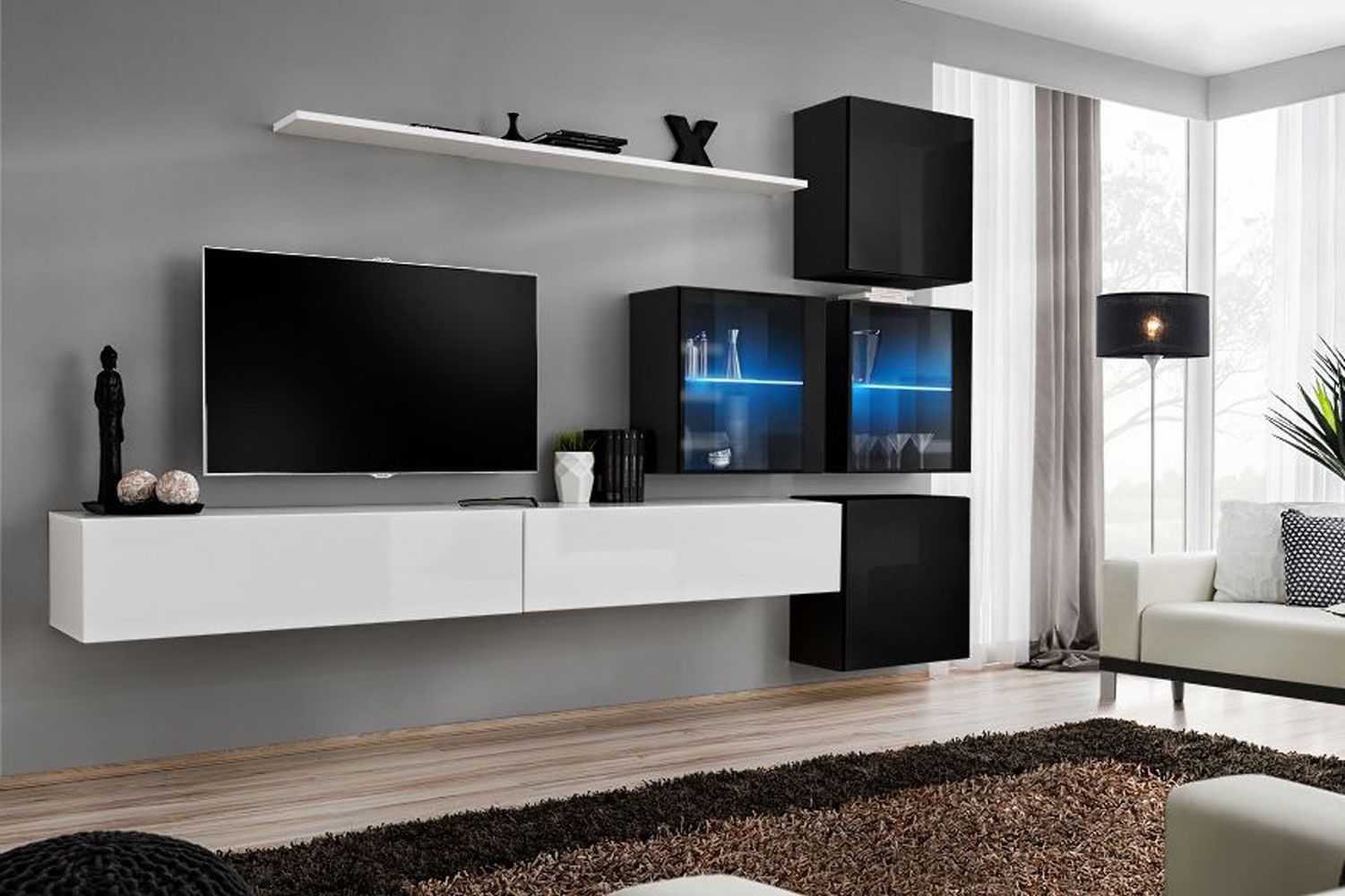 Elégant meuble-paroi Balestrand 293, couleur : blanc / noir - dimensions : 200 x 310 x 40 cm (h x l x p), avec suffisamment d'espace de rangement