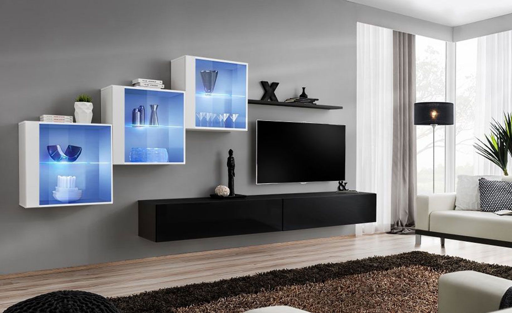 Elégant meuble-paroi Balestrand 309, couleur : blanc / noir - dimensions : 150 x 330 x 40 cm (h x l x p), avec cinq portes