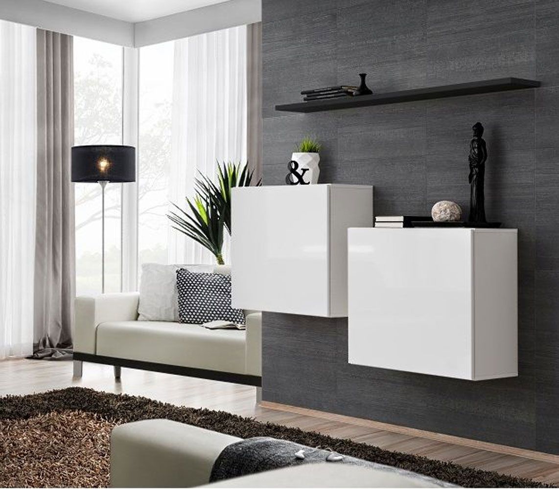 Deux armoires suspendues avec quatre compartiments Balestrand 325, couleur : blanc / noir - dimensions : 110 x 130 x 30 cm (h x l x p), avec étagère murale