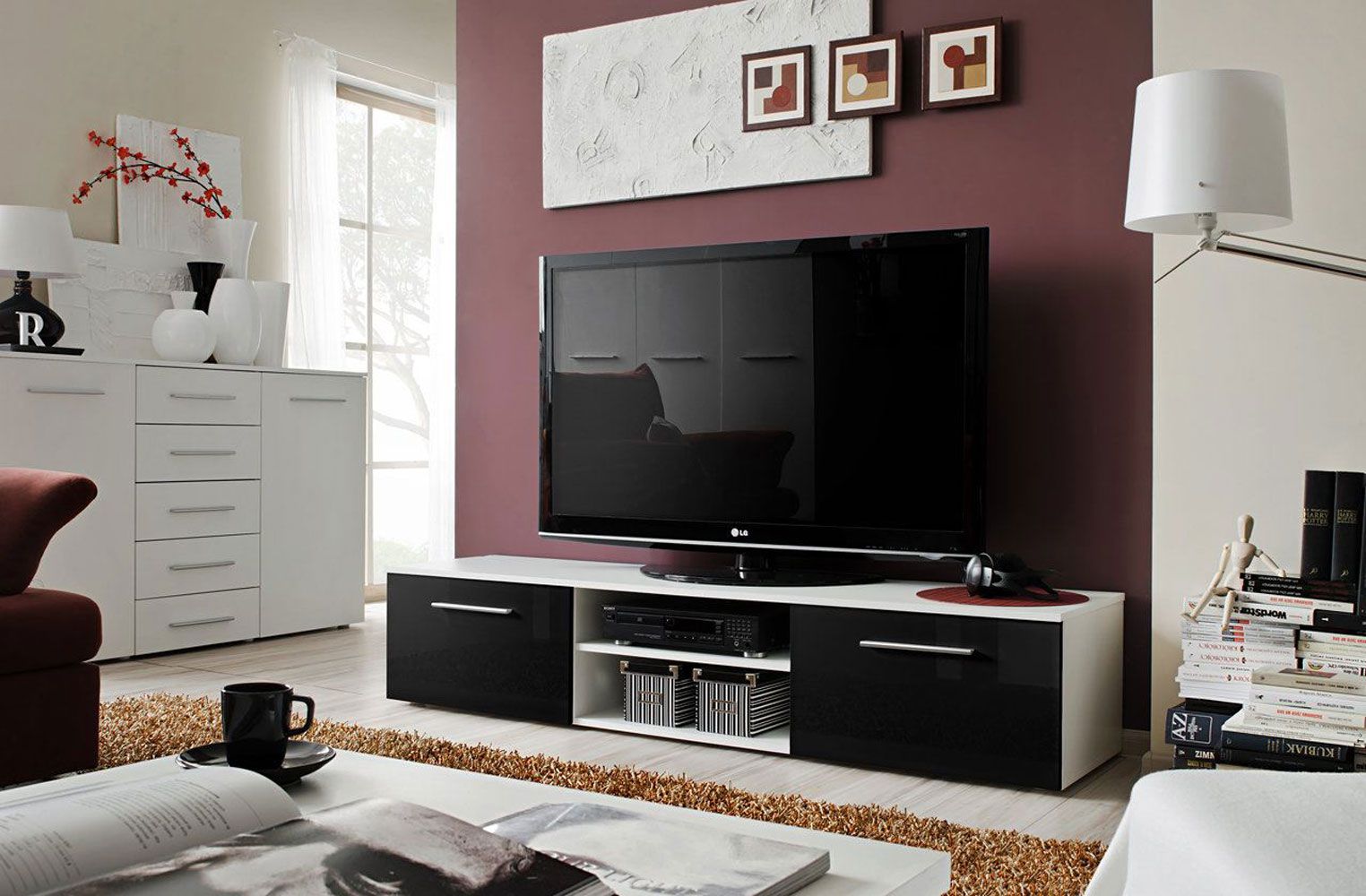 Meuble TV Salmeli 23, couleur : blanc / noir - dimensions : 35 x 180 x 45 cm (h x l x p), avec quatre compartiments