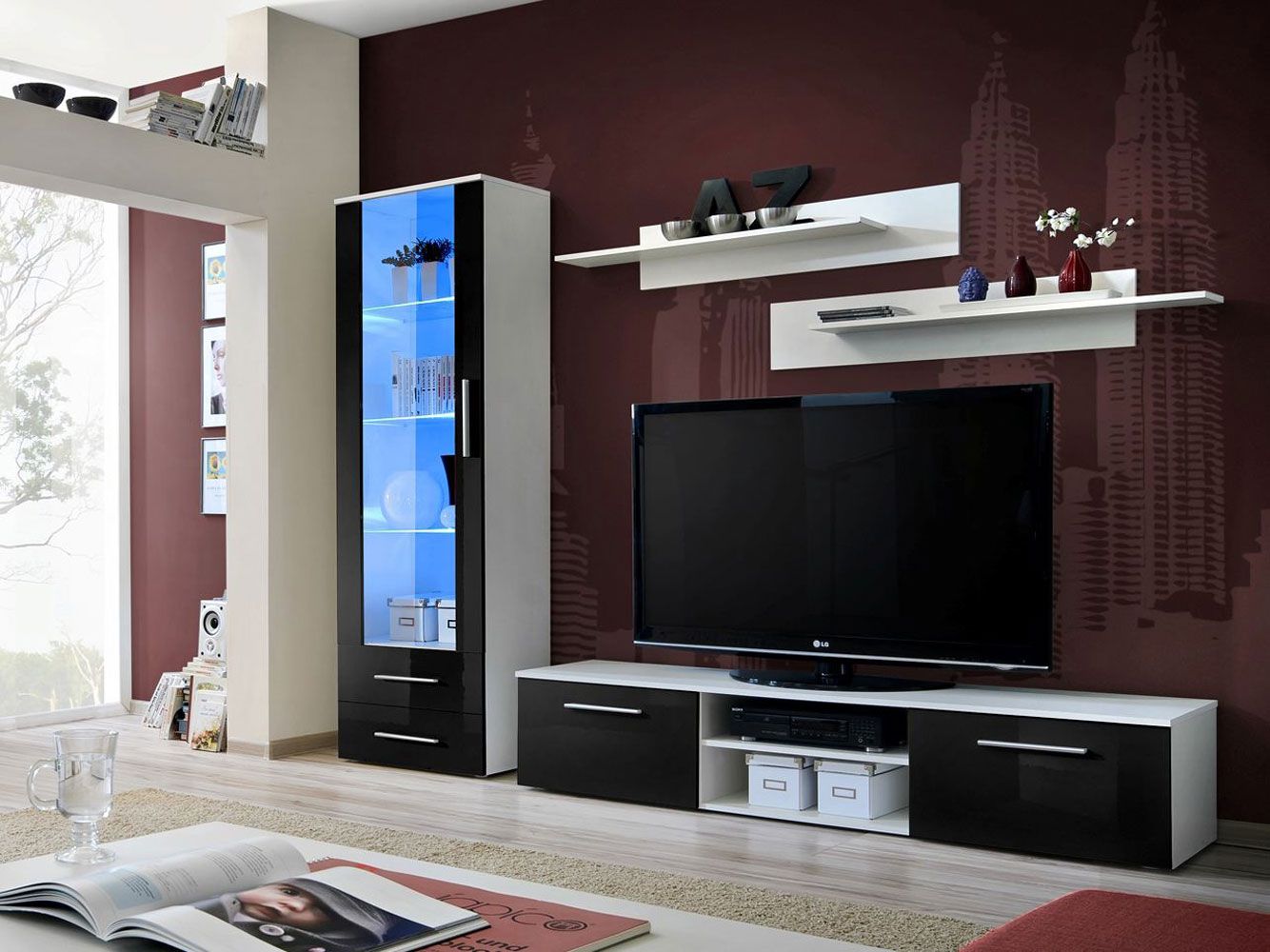 Elégant meuble-paroi Elgane 02, couleur : blanc / noir - dimensions : 190 x 250 x 45 cm (h x l x p), avec éclairage LED