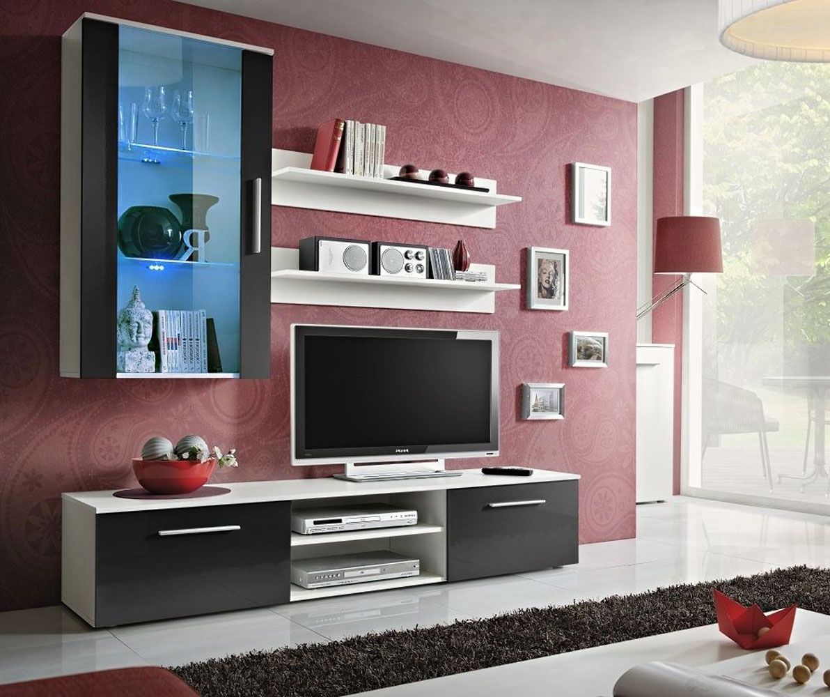 Elégant meuble-paroi Elgane 10, couleur : blanc / noir - dimensions : 190 x 180 x 45 cm (h x l x p), avec suffisamment d'espace de rangement