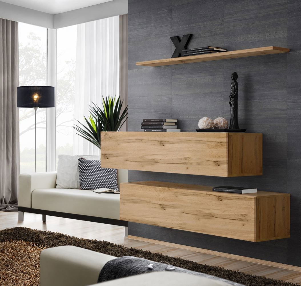 Lot de 2 meubles bas TV modernes avec étagère murale Balestrand 340, couleur : chêne wotan - dimensions : 110 x 130 x 30 cm (h x l x p), avec quatre compartiments