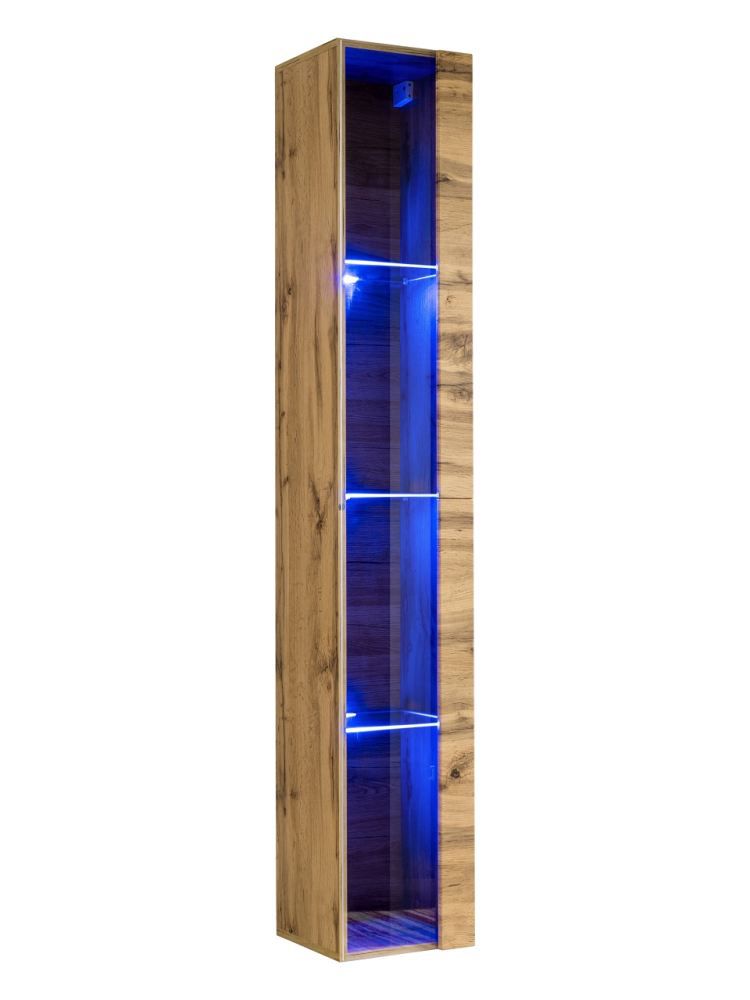 Vitrine suspendue avec quatre compartiments Fardalen 16, couleur : chêne wotan - dimensions : 180 x 30 x 30 cm (h x l x p), avec éclairage LED
